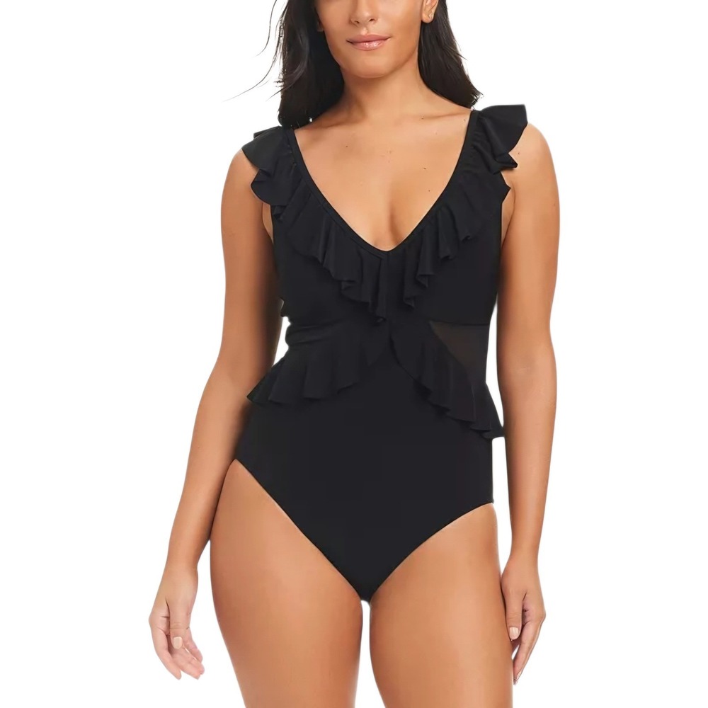 Ruffled V-Neck One-Piece Swimsuit - Black